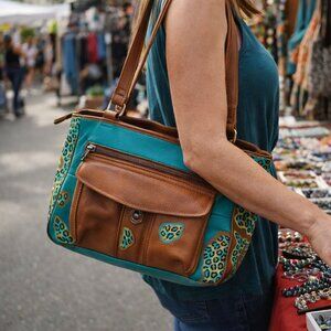Hand Painted Upcycled Genuine Leather Bag Vintage